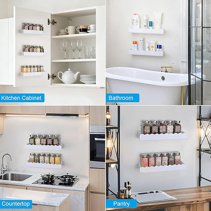 10 inch Spice Rack Wall Mounted,4 Pack Spice Organizer Shelf for Stove Cabinet Pantry Door, Adhesive or Screw Hanging Wall Spice Shelf Storage Holder in Kitchen and RV - White Color