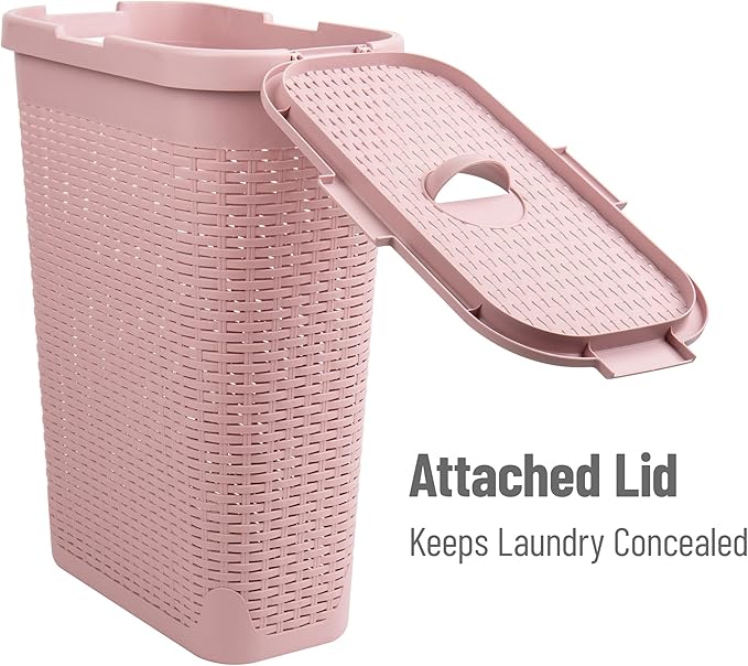 Mind Reader Slim Laundry Hamper with Lid, 40L Clothes Basket, Narrow Tapered Design with Ventilated Cutout Pattern, Plastic, Pink