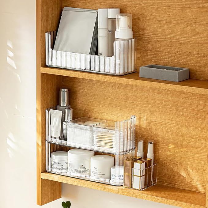 2-Tier Medicine Cabinet Shelves Organizer, Makeup Storage Holder Compartments, Shelf Trays for Bathroom Cabinet Wall, Counter, Vanity, Kitchen - Clear