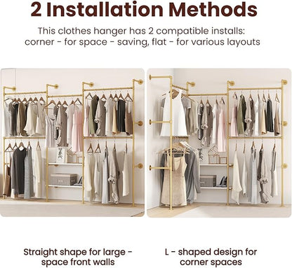 Industrial Pipe Clothes Rack,Wall Mounted Closet Wardrobe Rack, Corner L Shaped Walk-in Closet System, 2 Installation Methods (Gold, 80" H x 86" W)