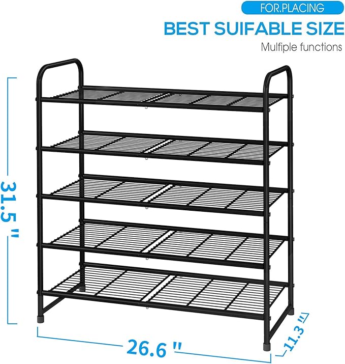 Simple Trending 5-Tier Stackable Shoe Rack, Expandable & Adjustable Shoe Organizer Storage Shelf, Wire Grid, Black
