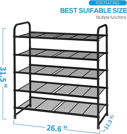 Simple Trending 5-Tier Stackable Shoe Rack, Expandable & Adjustable Shoe Organizer Storage Shelf, Wire Grid, Black