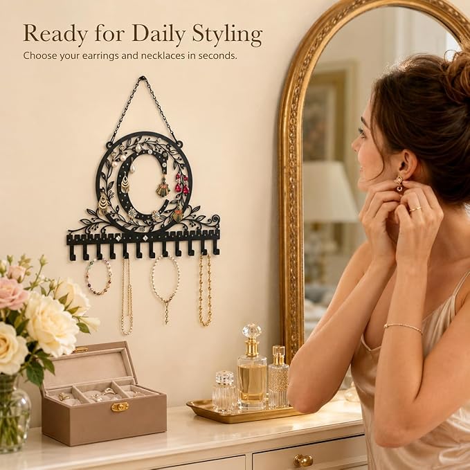 Wall-Mounted Metal Earring Holder Hanging Jewelry Organizer for Earrings and Necklaces Space-Saving Wall Display with Hooks for Jewelry Storage (jewelry stand C)