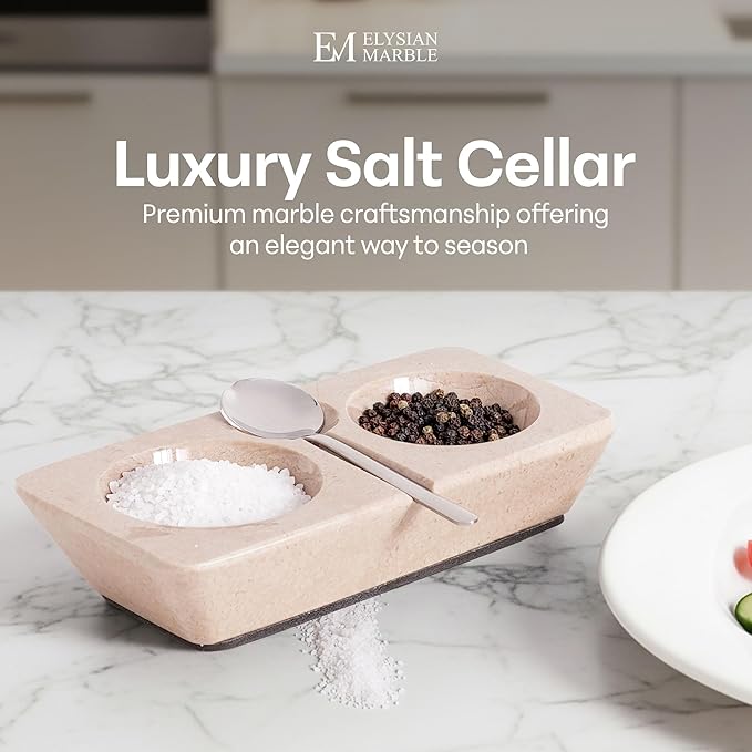 Marble Salt and Pepper Dish with Spoon, Handcrafted Double Spice Tray with 2 Compartments, Natural Stone Condiment Dish for Cooking Prep and Serving - Verona Beige