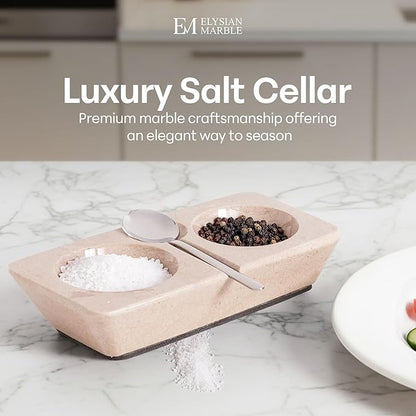Marble Salt and Pepper Dish with Spoon, Handcrafted Double Spice Tray with 2 Compartments, Natural Stone Condiment Dish for Cooking Prep and Serving - Verona Beige
