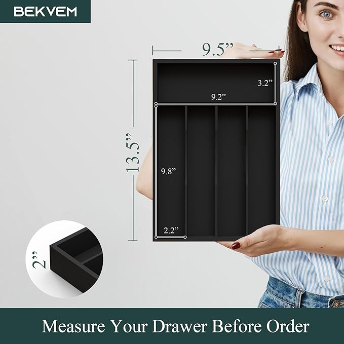 Bamboo Silverware Organizer, Kitchen Drawer Organizer, Utensil Holder, Cutlery Tray & Spoon Flatware Storage with Grooved Drawer Dividers (Black, 9.5''W x 13.5''D)