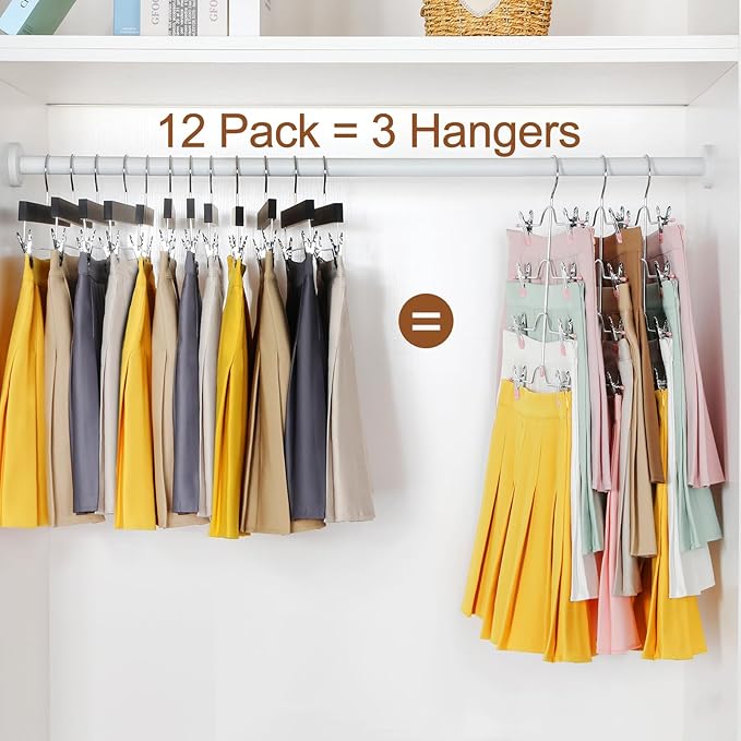 TOPIA HANGER 4 Tier Metal Skirt Hangers for Women, Pants Hanger Space Saving with Adjustable Clips, Gain 70% More Space, Non Slip Grip for Slacks, Trousers, Shorts, Jeans, Towels, Pink, 3-Pack, CT24P