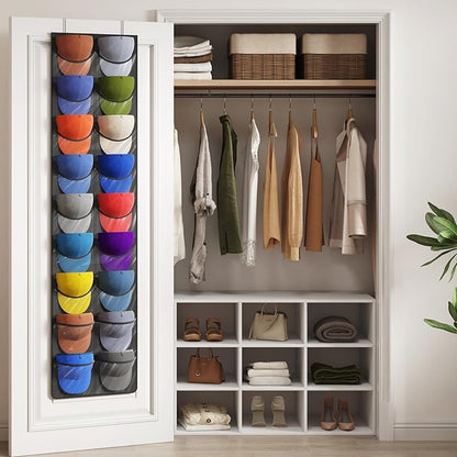 Lifewit Over The Door Hat Organizer for Baseball Caps, 18 Clear Deep Pockets Hat Rack Stand with 2 Hooks, Hanging Hat Storage, Cap Holder Hat Hanger for Protection and Display, 2 Pack