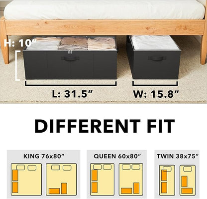 SpaceAid 2 Pack 10" High Under Bed Storage Containers, Large Underbed Storage Organizer Bins with Lids for Bedroom, Dorm, Clothes, Closet Organization, Bed Sheets and Blankets (Black)