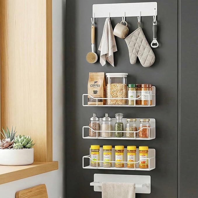 Magnetic Spice Rack for Refrigerator, 5 Pack Magnetic Fridge Organizer Shelves, Strong Magnetic Hold, No Drilling, Space Saving Storage Rack for Kitchen & Washing Machine Organizer (White)
