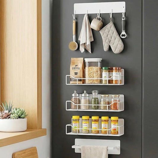 Magnetic Spice Rack for Refrigerator, 5 Pack Magnetic Fridge Organizer Shelves, Strong Magnetic Hold, No Drilling, Space Saving Storage Rack for Kitchen & Washing Machine Organizer (White)