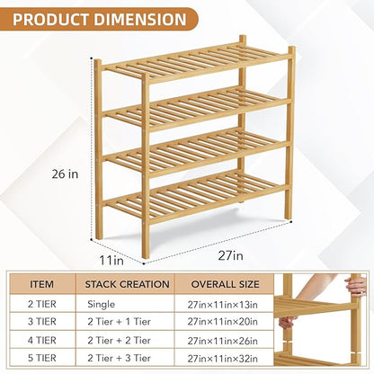 4 Tier Bamboo Shoe Rack Storage Organizer for Closet, Multifunctional Stackable Free Standing Shoe Shelf Organizer for Small Space,Entryway,Hallway,Bathroom 27"x11"x26"(Natural, 4 Tier)