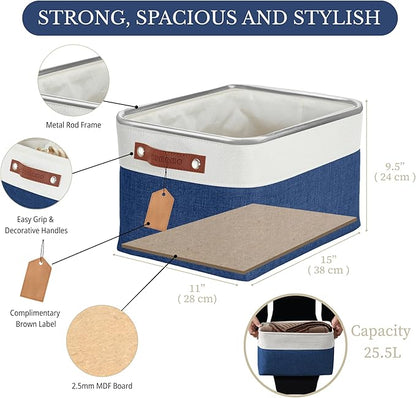 DECOMOMO Storage Bins, Large Fabric Storage Baskets for Shelves, Decorative Linen Closet Organizer, 15 x 11 x 9.5 inches (Navy Blue & White, 4 Pack)