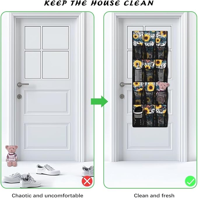 ZUXONGSYCowhide Speckled Pattern Over The Door Shoe Organizer Easy to Install Door Hanger Organizer for BedRoom Sunflower Multi-Funtion Storage Bag 12 Pockets Multi-Pocket Shoe Holder Hanger