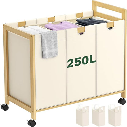 Homykic 250L Laundry Sorter Cart with Wheels, 3-Section Rolling Laundry Basket with Removable Bags, 66 Gal Large Laundry Hamper Organizer, Heavy Duty Bamboo Frame, Water-Resistant, Black