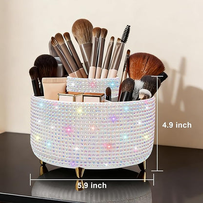 Diesisa Bling Makeup Organizer: 360°Rotating Bling Rhinestone Cosmetic Display Cases -Diamond Makeup Brush Holder - 5 Slot Cup for Cosmetics - Bling Lipstick Organizer - Gift for Women - Diamond White