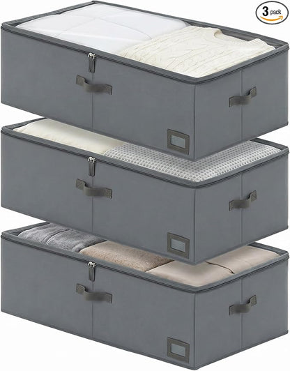 10-Inch Under Bed Storage Containers (3-Pack) | Sturdy Sidewalls | Clear Cover & Label Holder | Foldable Closet Organizer | Stores Clothing/Blankets/Wrapping Paper/Toys