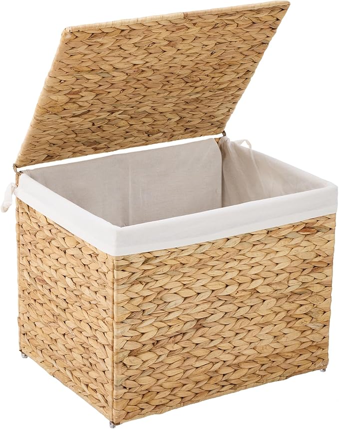 Water Hyacinth Storage Basket with Lid, 21.1 Gallon (80L) Wicker Shelf Basket with Removable Liner, Wicker Storage Basket for Blanket, for Livingroom, Bedroom, Natural