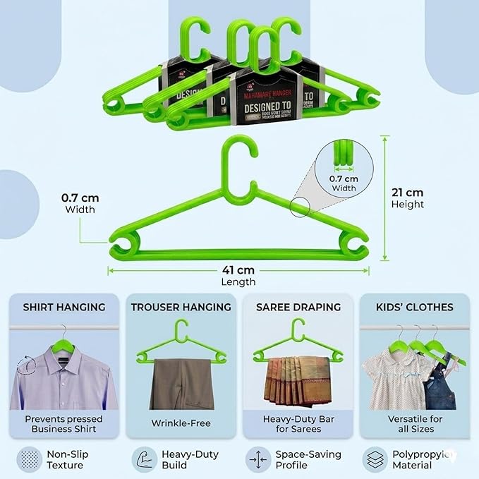 Sturdy Polypropylene Hanger, Pack of 12,Green l Cloth Hanger l Dress Hangers l Hanger for Clothes Hanging