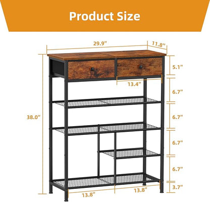 Snughome Shoe Rack, 5 Tier Shoe Storage Organizer with 2 Drawers, Shoe Storage Shelves with Sturdy Wooden Top and Metal Shelves, Free Standing Shoe Rack for Entryway Closet