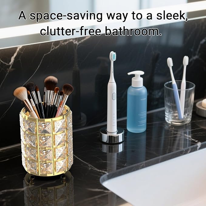 LUGUNU Makeup Brush Holder with Golden Crystal Bling – Elegant Vanity Organizer for Brushes, Pens & Pencils, Ideal for Bathroom or Office Countertop(2Pack)