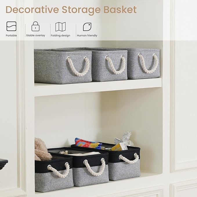 Storage Baskets for Shelves 11.8x7.9x5.2 Inch, Foldable Fabric Storage Bins with Handles, Small Storage Baskets for Organizing Closet, Office, Home Organization (6-Pack, Gray)