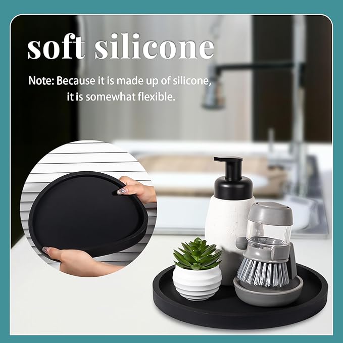 Silicone Bathroom Tray Round Vanity Tray Decorative Soap Holder Kitchen Countertop Organizer Coffee Table Decor for Candle, Perfume, Plant, 10 Inch, Black