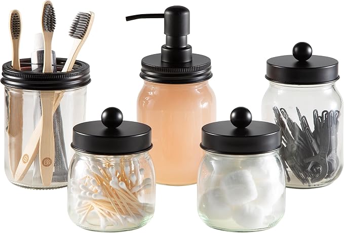 Mason Jar Bathroom Accessories Set – 5-Piece Bathroom Set with Toothbrush Holder, Soap Dispenser, Canister, and 2 Small Jars by Lavish Home (Black)