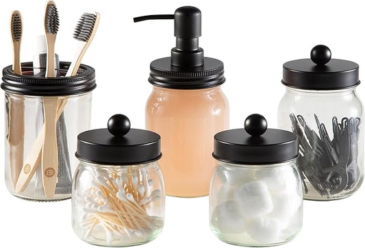 Mason Jar Bathroom Accessories Set – 5-Piece Bathroom Set with Toothbrush Holder, Soap Dispenser, Canister, and 2 Small Jars by Lavish Home (Black)