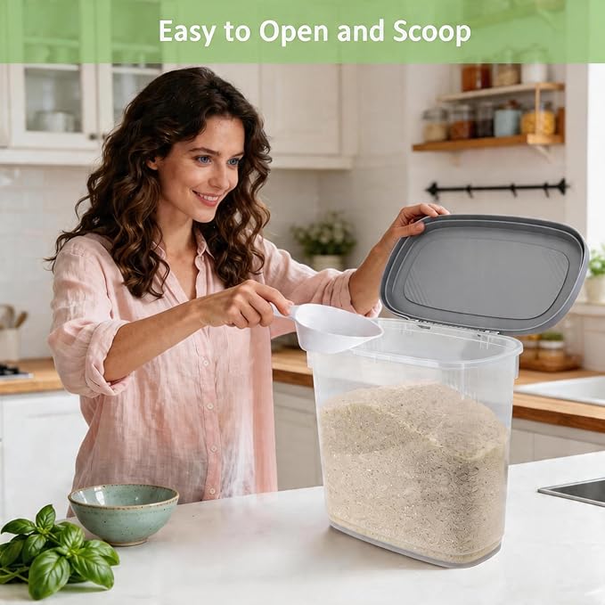 Gray White Rice Storage Container 15-20 Lbs, Tall Flour Container with Scoop + Cup - Slim Dry Food Storage Bin for Cereal, Sugar, Beans, Pet, Dog, Cat Food - Kitchen and Pantry Storage Organization