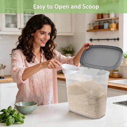 Gray White Rice Storage Container 15-20 Lbs, Tall Flour Container with Scoop + Cup - Slim Dry Food Storage Bin for Cereal, Sugar, Beans, Pet, Dog, Cat Food - Kitchen and Pantry Storage Organization