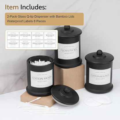 Volisnova 2 Pack Farmhouse Apothecary Jars with Lids - Glass Qtip Dispensers and Cotton Ball Holders for Bathroom Vanity Storage and Organization with 8 Pcs Wterproof Labels (Black Glass)