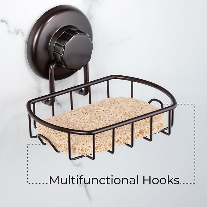 HASKO 2 Pack Suction Cup Soap Dish for Shower Wall, Rustproof Stainless Steel, Shower Soap Holder with Hooks, Includes Optional No Drill Adhesive Mount for Bathroom, 2 Soap Savers, Bronze