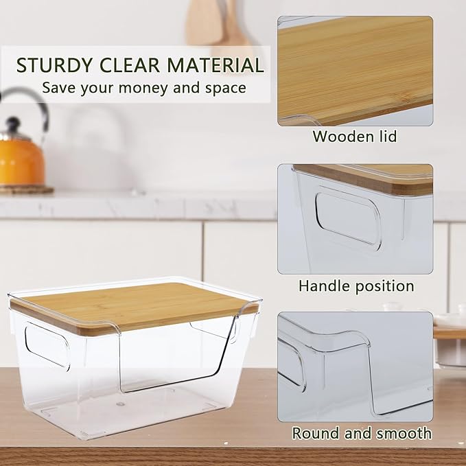2 Pack Snack Station Organizer for Pantry Shelf,Snack Bar Station Storage Basket with Handle & Wooden Lid,Stackable Plastic Baskets for Storage Pantry Bins Organizer,Kitchen Organization Box