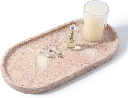 Koville Pink Marble Tray for Bathroom Countertop, Vanity Tray Stone Trays for Decor, Natural Marble Decorative Tray for Dresser Organizer, Storage Trays for Perfume, Jewelry, Cosmetics(Coquille Pink)