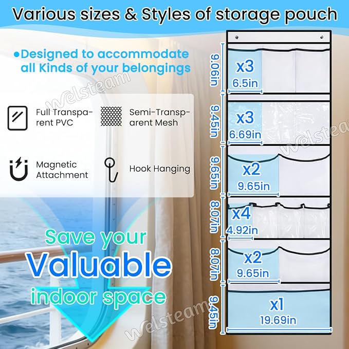 Cruise Ship Magnetic Door Organizer, Over The Door Organizer For Cruise Ships, Magnetic Shoe Rack with 2 Strong Anti-Scratch Magnets & Durable Pockets To Store Cruise Essentials (White)