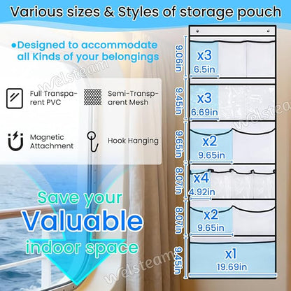 Cruise Ship Magnetic Door Organizer, Over The Door Organizer For Cruise Ships, Magnetic Shoe Rack with 2 Strong Anti-Scratch Magnets & Durable Pockets To Store Cruise Essentials (White)