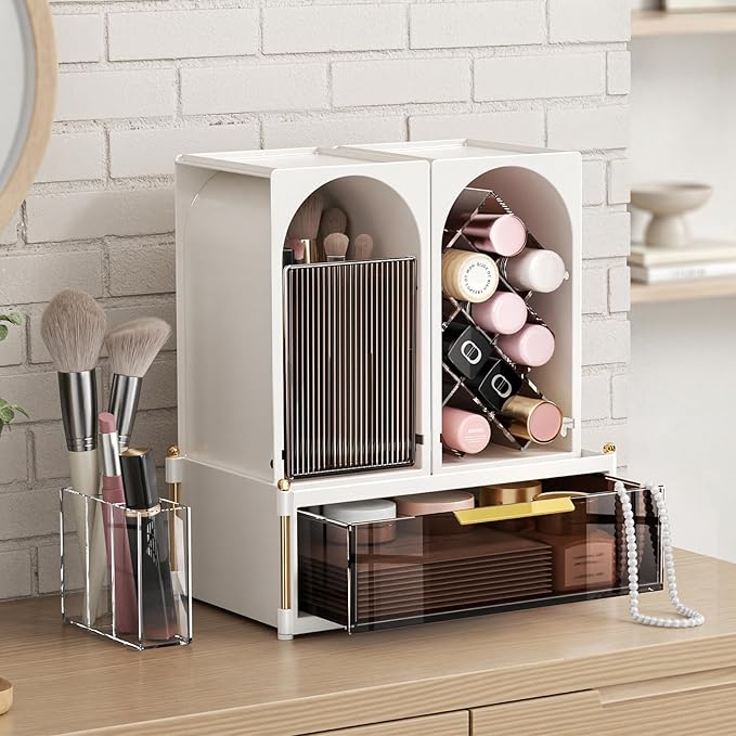 Premium Makeup Organizer with Adjustable Compartments, Spacious Drawers for Cosmetics and Brushes - Ideal for Vanity, Bathroom, or Dressing Table