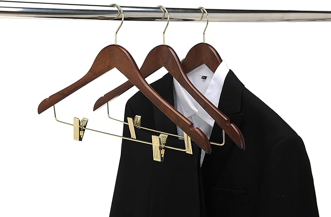 Quality Wooden Skirt Hangers with Clips, 10-Pack Smooth Solid Wood Pants Hangers with Durable Adjustable Metal Clips, Swivel Hook, Coat, Jacket, Blouse Suit Hangers (Walnut - Gold Hook, 10)
