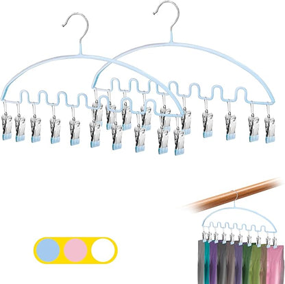 Legging Organizer for Closet,Metal Wave Design Pants Hanger with 10 Clips 7 Hooks, Closet Storage for Pants, Skirts, Hats (Blue, 2Pack)