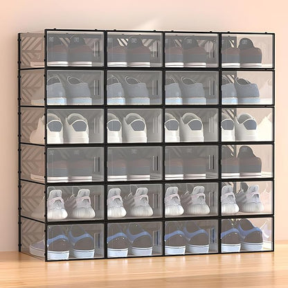 20 Pack Shoe Storage Boxes, Plastic Stackable Foldable Shoe Boxes with Clear Front Opening Door for Sneakers Flats Slippers Sandals Casual Shoes, Space Saving, 13.58*9.06*5.51in (Black)