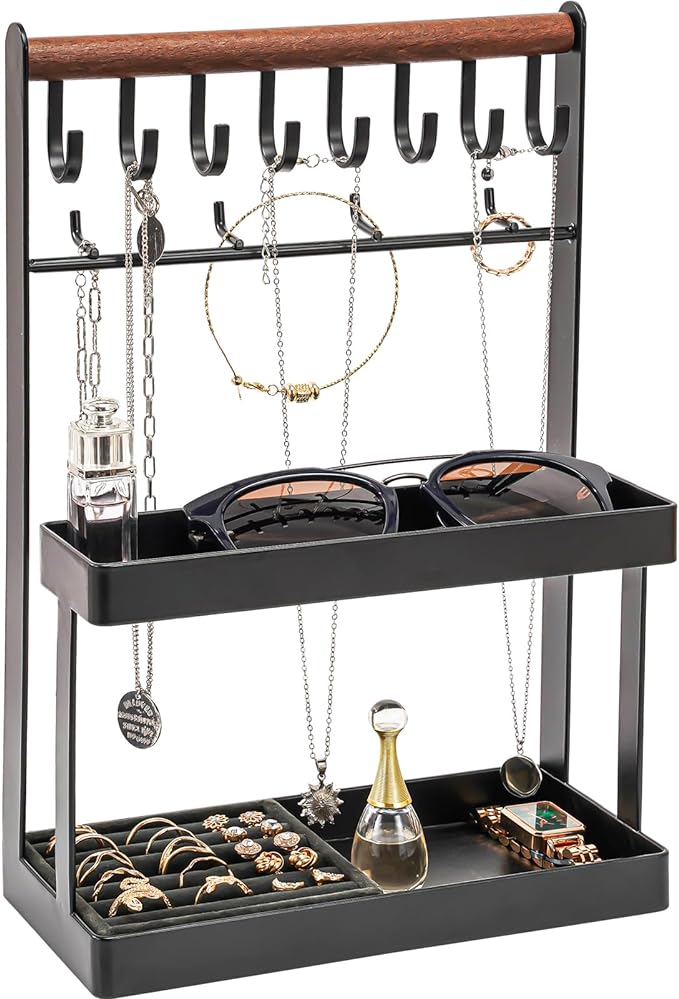 Lolalet 4-Tier Jewelry Organizer Stand with 12 Hooks, Necklace Bracelet Ring & Sunglasses Holder, Cute Metal Jewelry Storage Rack for Vanity, Dresser or Entryway, No Assembly -Black