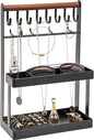 Lolalet 4-Tier Jewelry Organizer Stand with 12 Hooks, Necklace Bracelet Ring & Sunglasses Holder, Cute Metal Jewelry Storage Rack for Vanity, Dresser or Entryway, No Assembly -Black