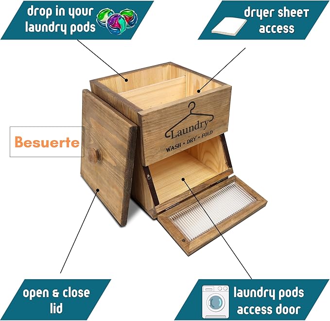 Laundry Pod Holder - 2 Tiered Rustic Wooden Dispenser, Dryer Sheet Container for Laundry Room Organizer, Brown