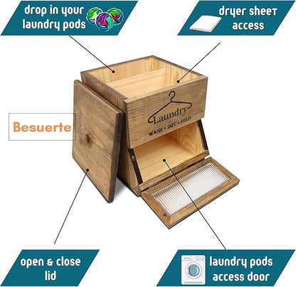 Laundry Pod Holder - 2 Tiered Rustic Wooden Dispenser, Dryer Sheet Container for Laundry Room Organizer, Brown