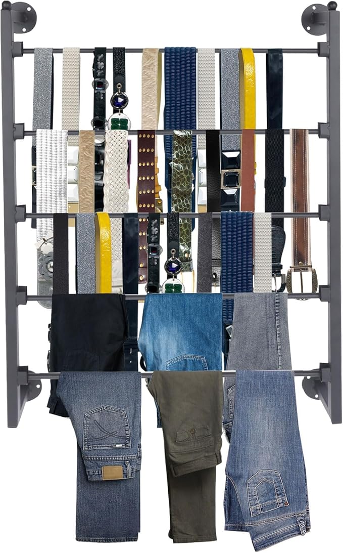 5 Tier Wall Mount Tie Rack Scarf Display Belt Pants Hangers Scarves Hijab Stand, Ribbon Organizer Holder Wrapping Paper Spool Storage Towel Rack for Retail Store,Home,Craft Room,Florist