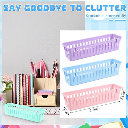 6 Pcs Morandi Slim Plastic Storage Baskets Tray 10 x 3 x 2.5 Inch Compact Stackable Desk Organizer for Office, Classroom, School Supplies, and Home Storage, Organization(Morandi)