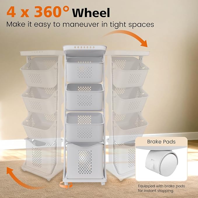 BAOKALER 4-Tier Laundry Hamper Sorter, Vertical Rolling Laundry Baskets with Wheels Removable, Stackable Laundry Cart Organizer and Storage for Small Space, Dorm, Closet, Bathroom