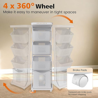 BAOKALER 4-Tier Laundry Hamper Sorter, Vertical Rolling Laundry Baskets with Wheels Removable, Stackable Laundry Cart Organizer and Storage for Small Space, Dorm, Closet, Bathroom