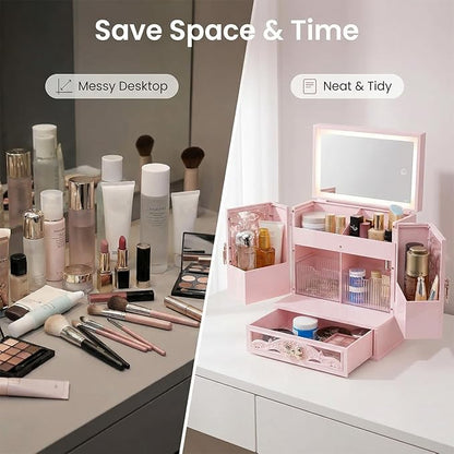 Lighted Vanity Makeup Organizer with Mirror, Large Vintage Cosmetic Storage Box with Drawers, Waterproof Dustproof Skincare & Beauty Organizer for Bathroom Counter, Gift for Women (Pink)